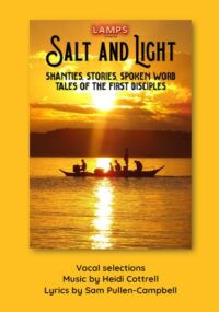 Salt and light music book cover. Yellow background with fishermen at sunset