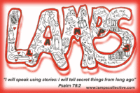 LAMPS Collective postcard - large letters with illustrations inside