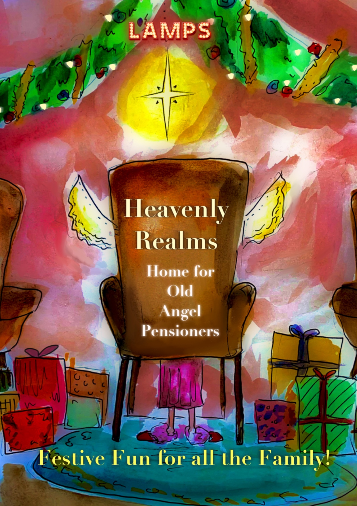 Heavenly realms poster - picture of chair in OAP home with angel wings